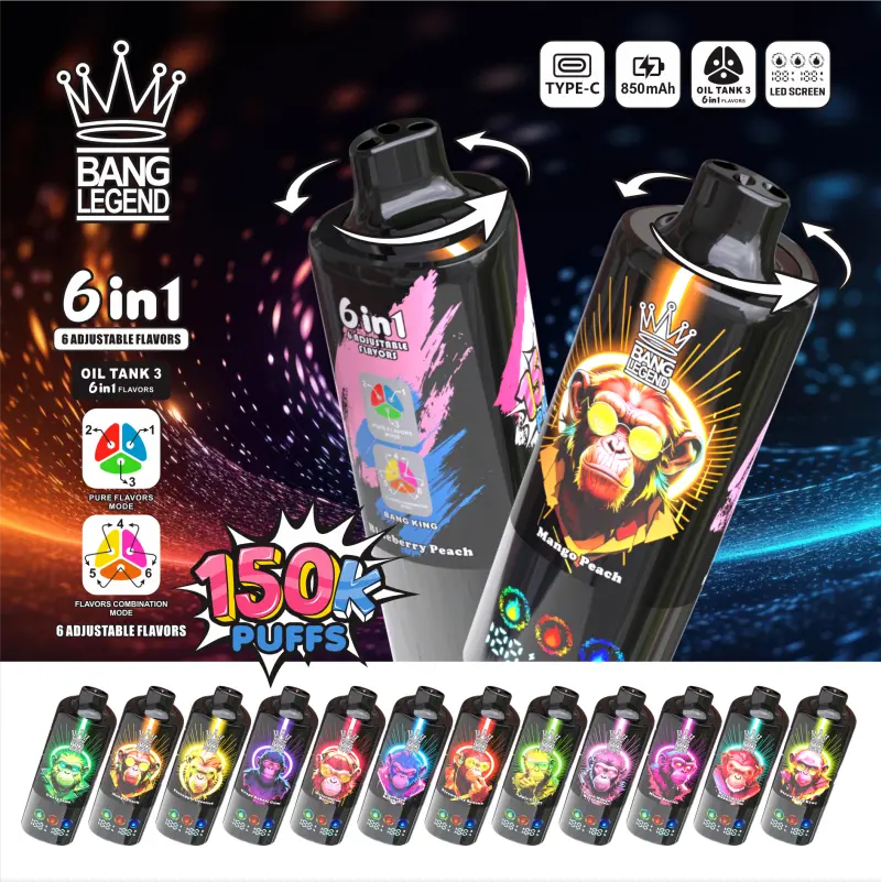 About Us 7 bang legend 150k puffs 150000 6 in 1 nicotine battery flavor mesh coil vape device