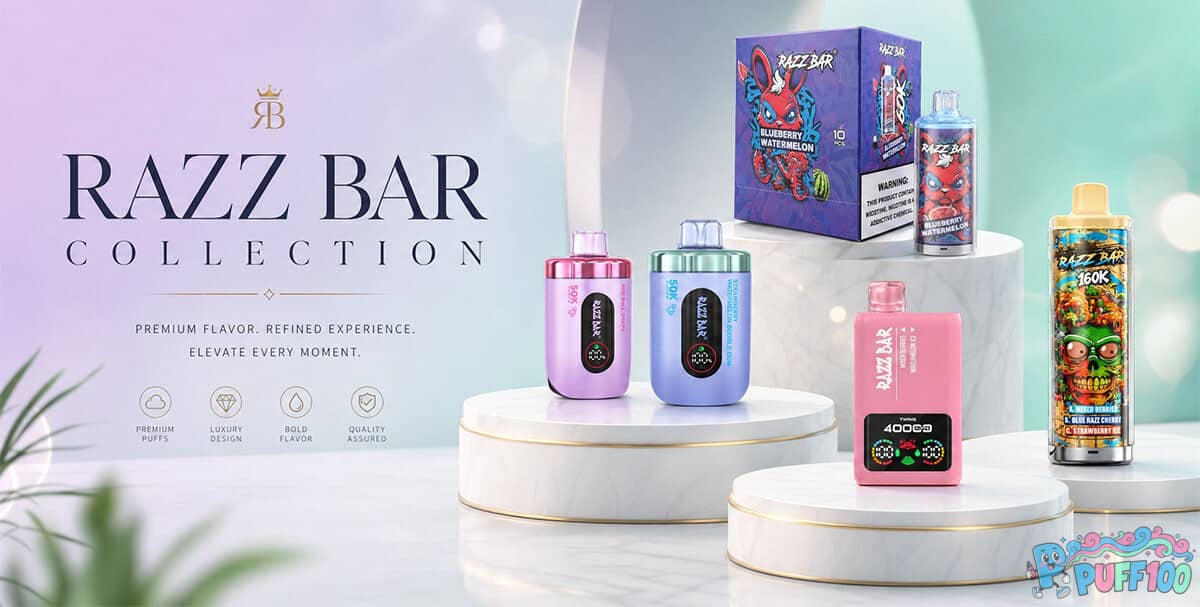 Razz Bar Einweg-E-Zigarette im Flat-Lay-Layout bei sanftem Tageslicht